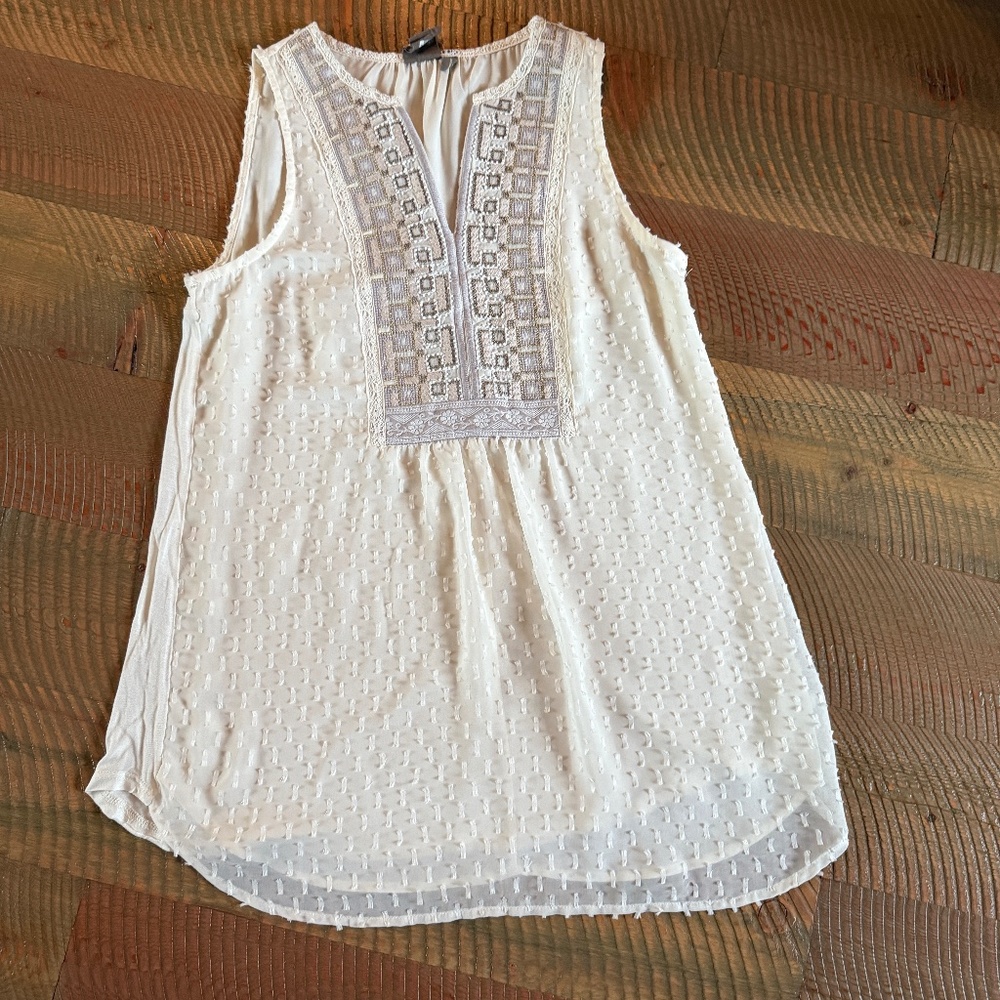 Anthropologie One September Womens Pasto Splitneck lvory Top, embroidered, Small
